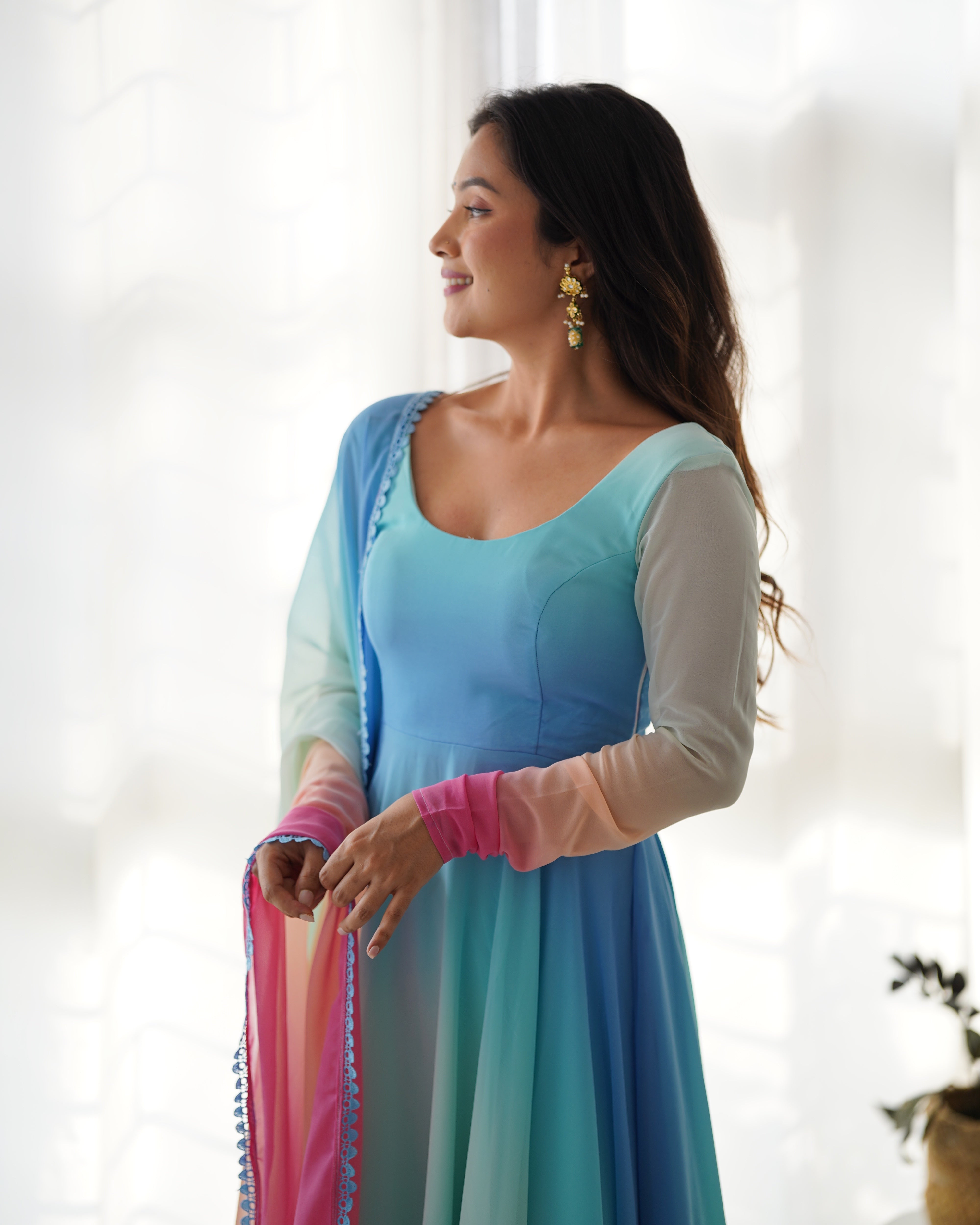 Georgette Stitched Anarkali Gown Kurta With Duppta Set