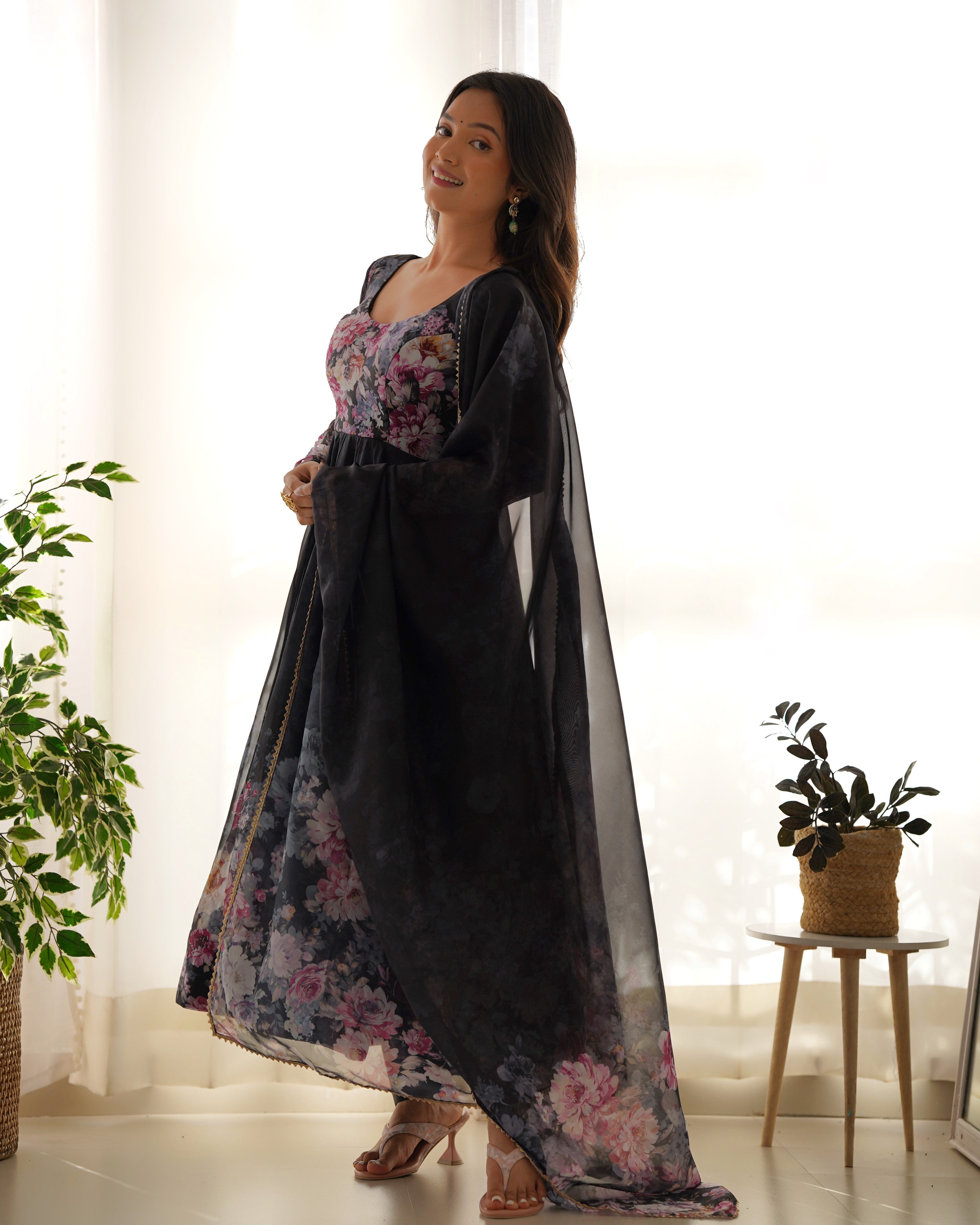 Georgette Stitched Floral Print Black Anarkali Gown Kurta With Duppta Set