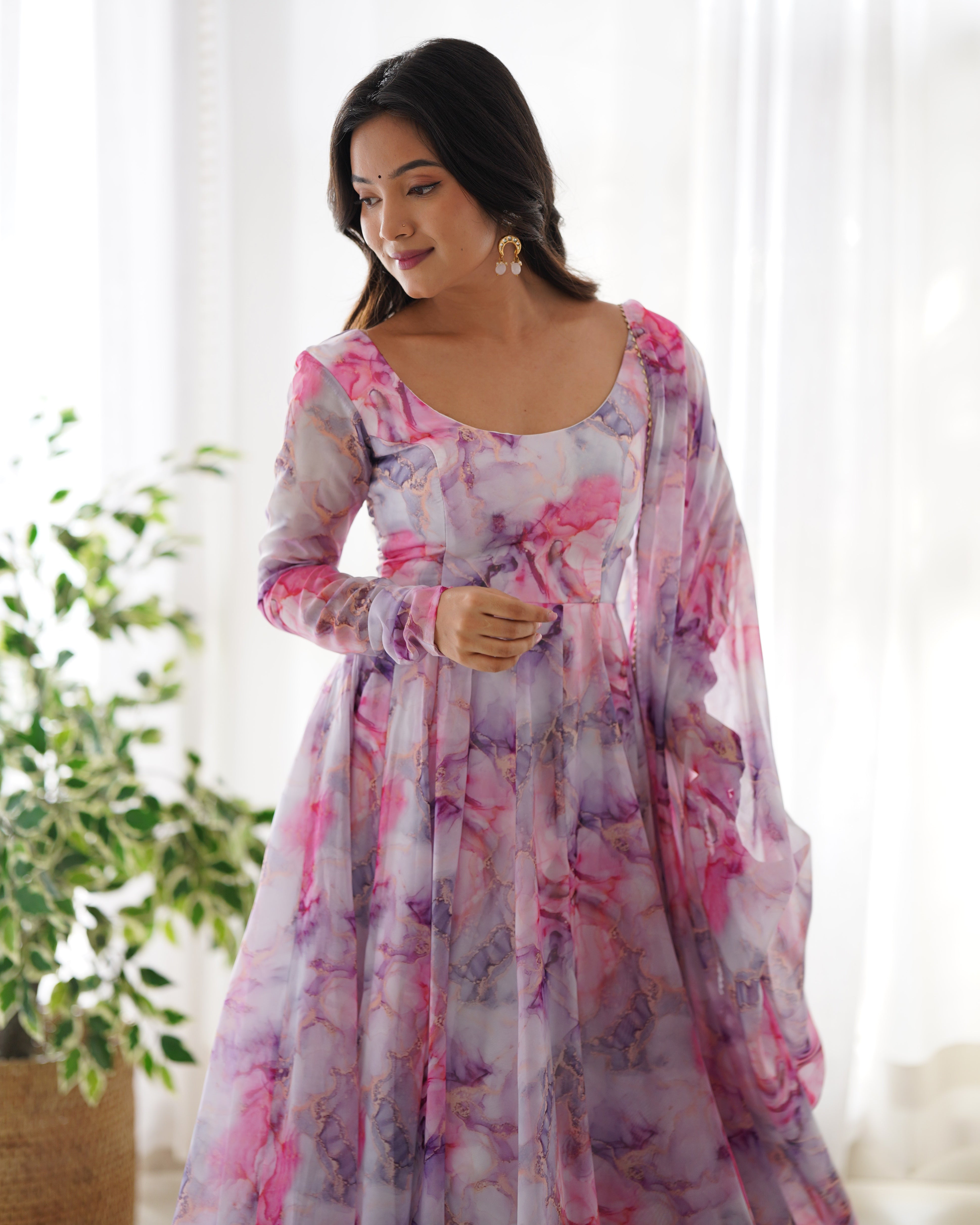 Pure Soft Pink Organja Silk Fabric Flair Kali Pattern And Canvas Patta With Duppta Set