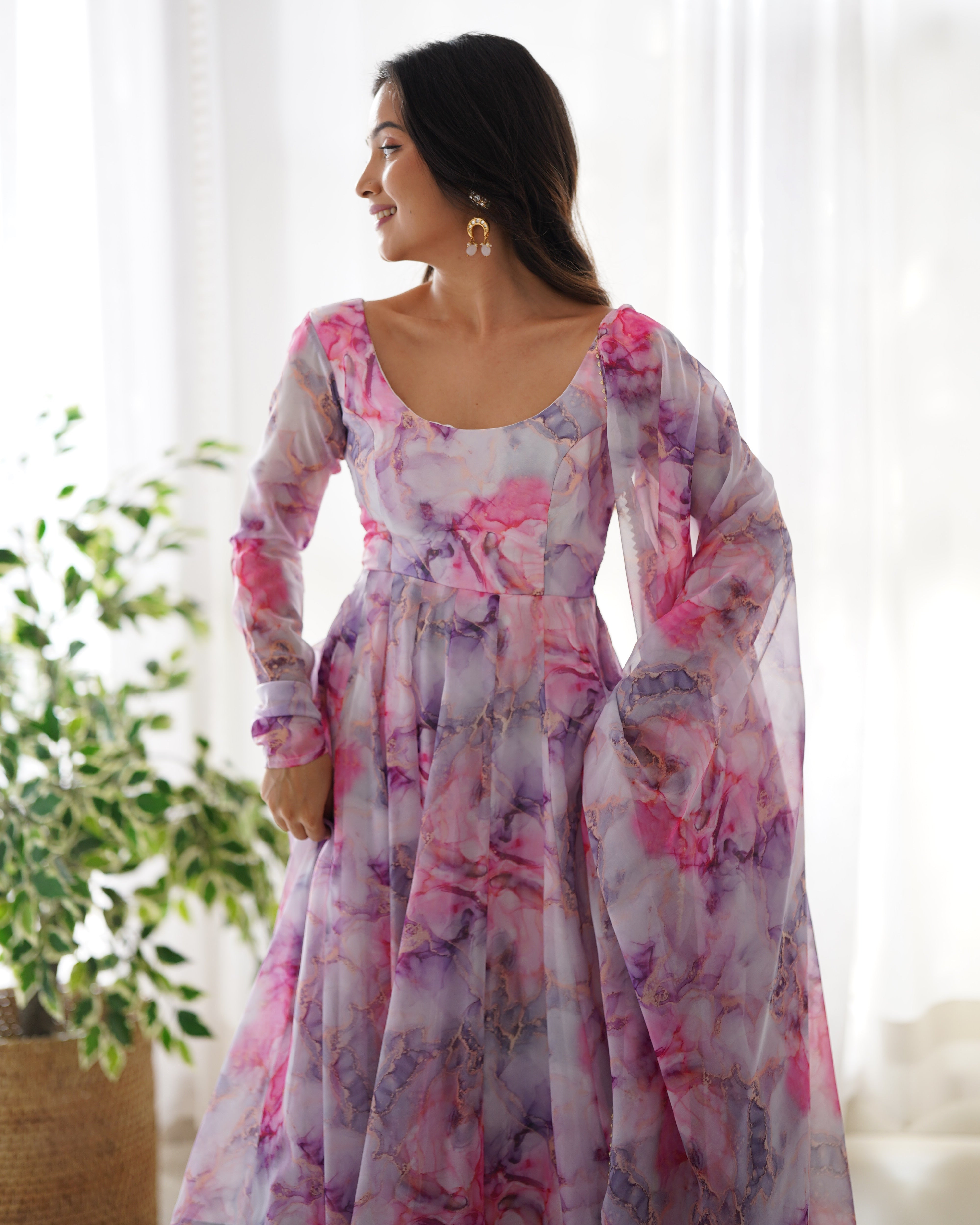 Pure Soft Pink Organja Silk Fabric Flair Kali Pattern And Canvas Patta With Duppta Set