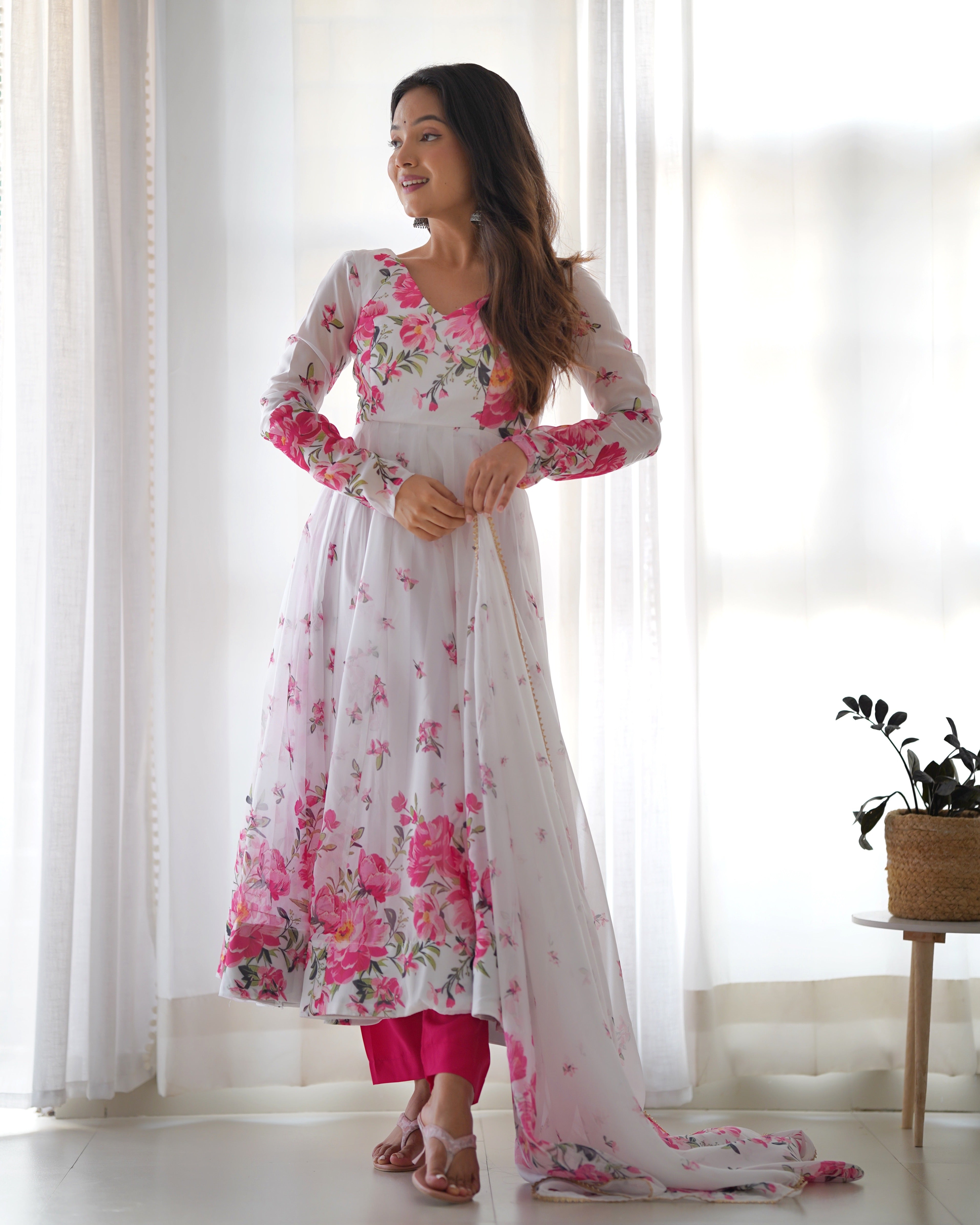 Floral Print Kurta With Duppta Set,pent Ready To Wear