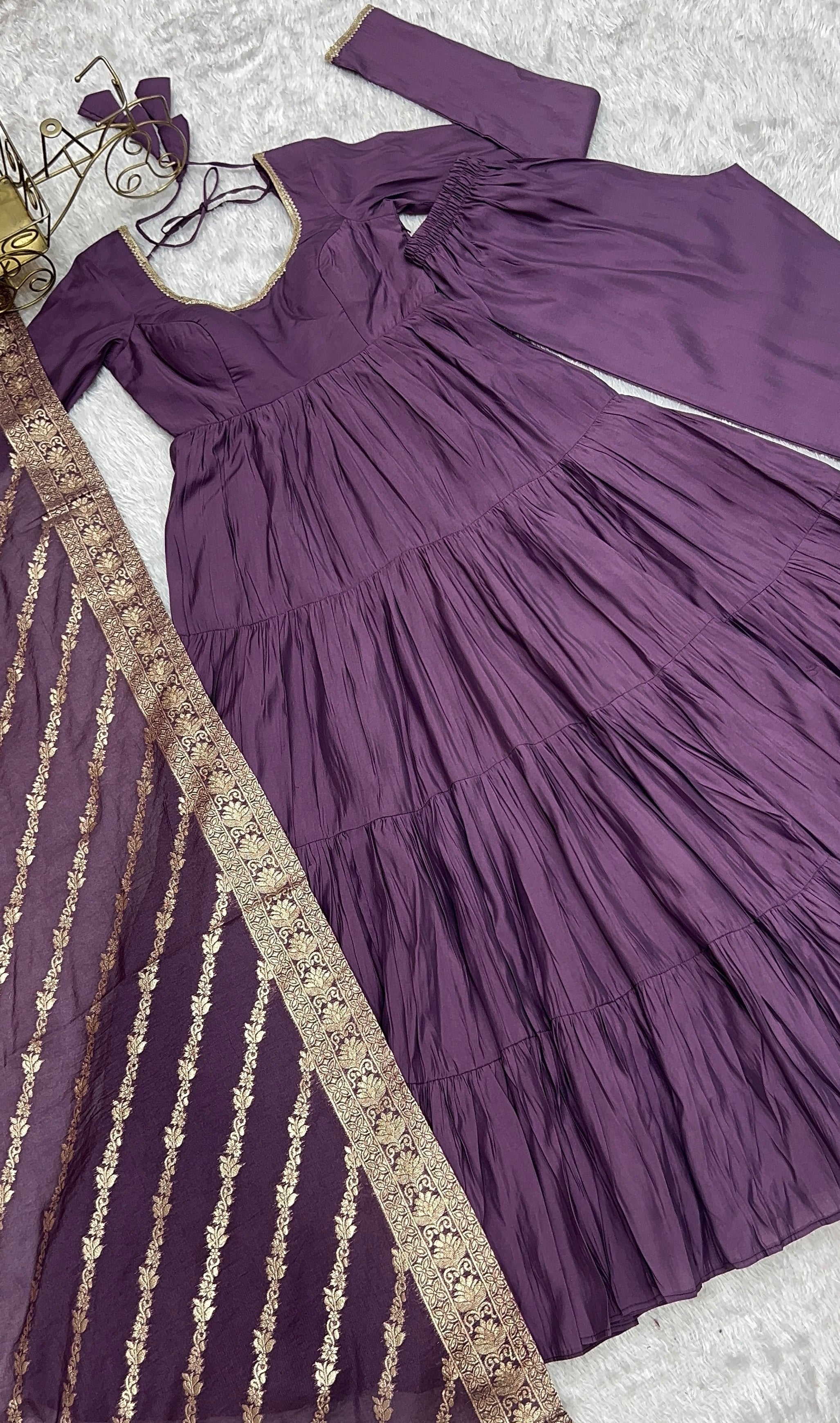 Colorful & Fresh Pure Romansilk Chanderi Flair Anarkali with Dupatta Pant Set