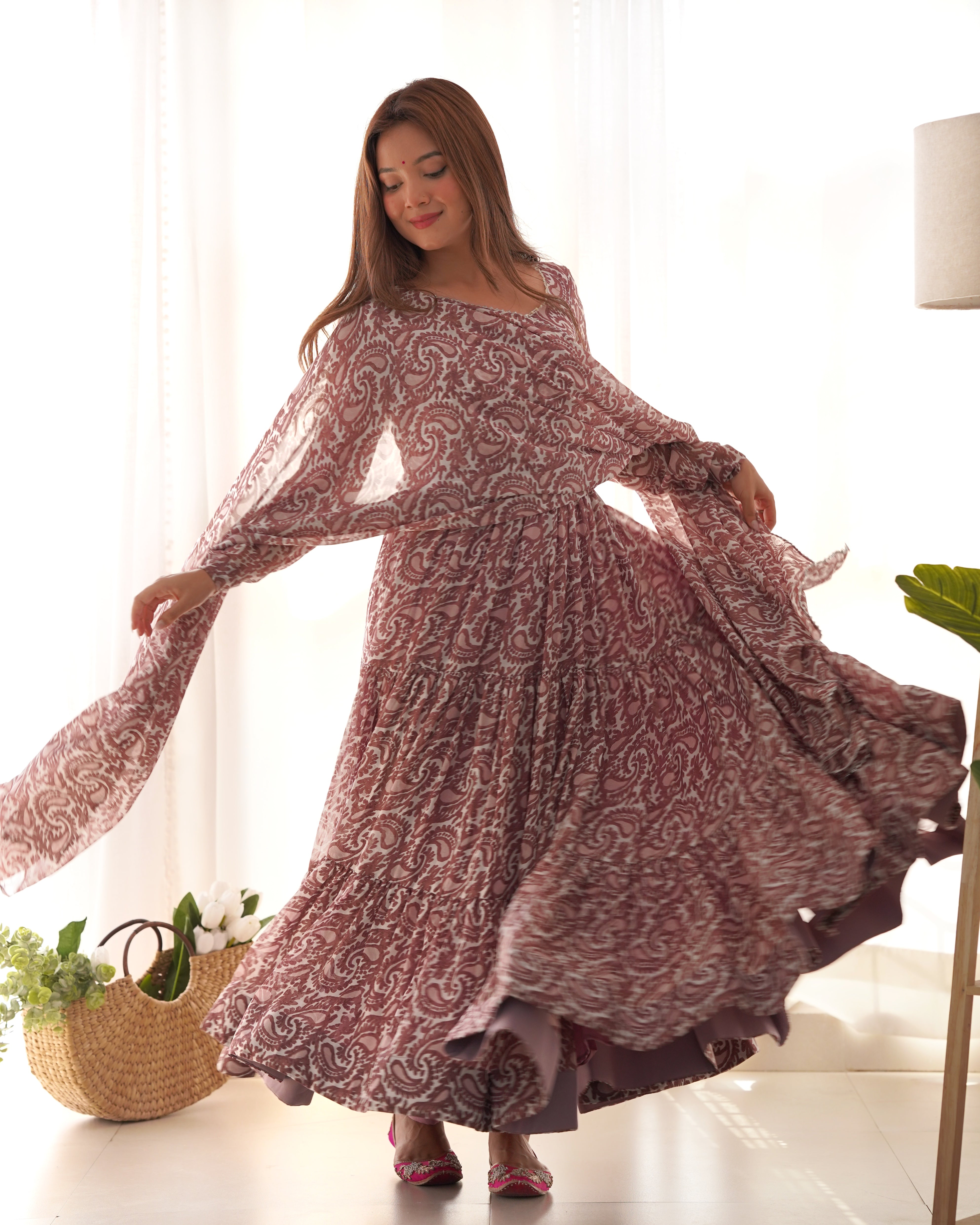 Colorful Zigzag Print Pure Soft Fox Georgette Fully Flair Anarkali with Dupatta & Pant Set