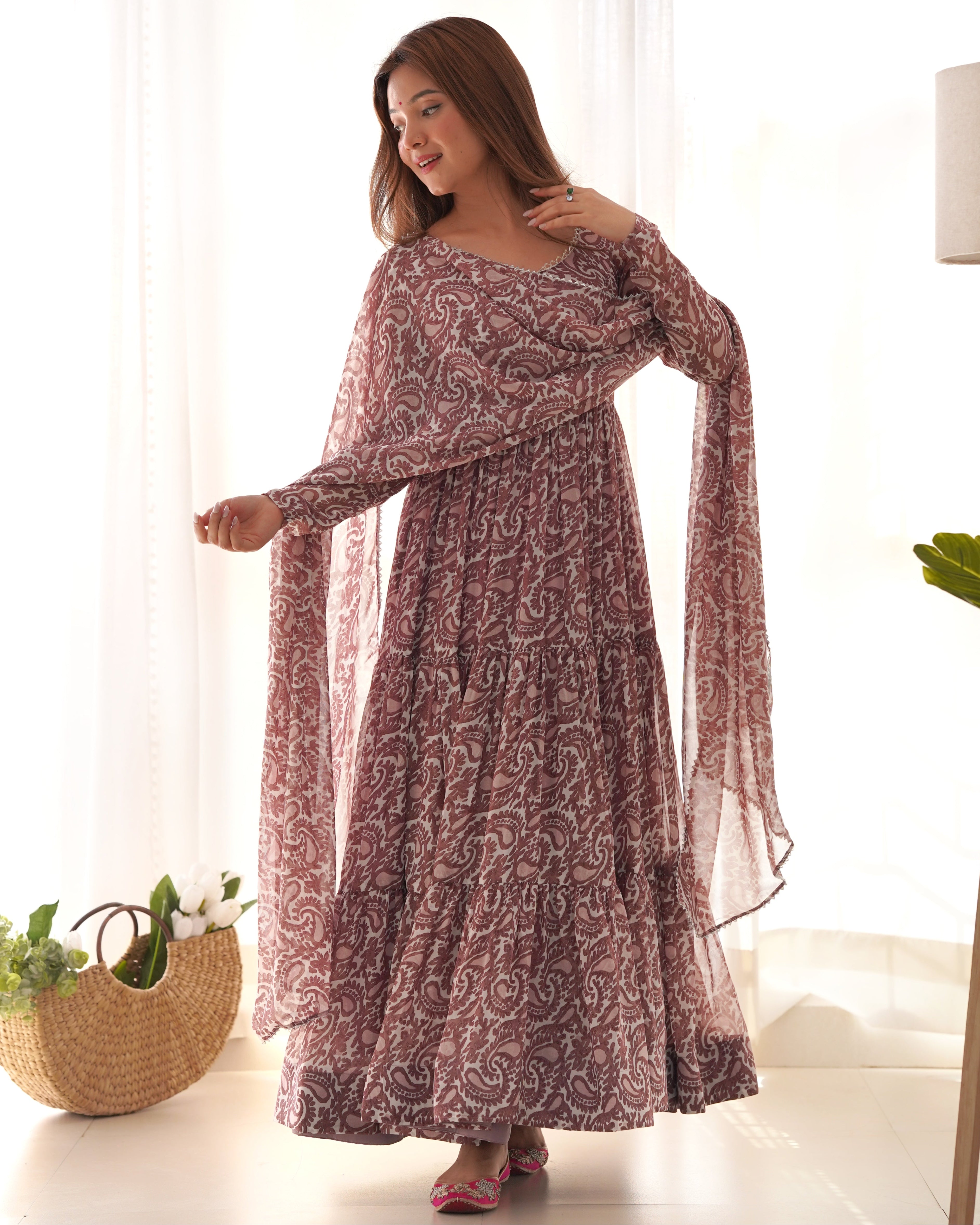 Colorful Zigzag Print Pure Soft Fox Georgette Fully Flair Anarkali with Dupatta & Pant Set